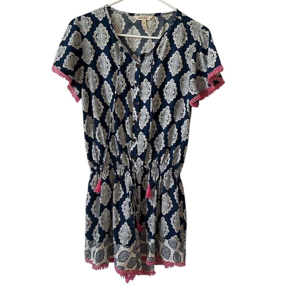 Matilda Jane Blue & White Graphic Romper w/ Pink Trim - Women’s Size S - Picture 2 of 4